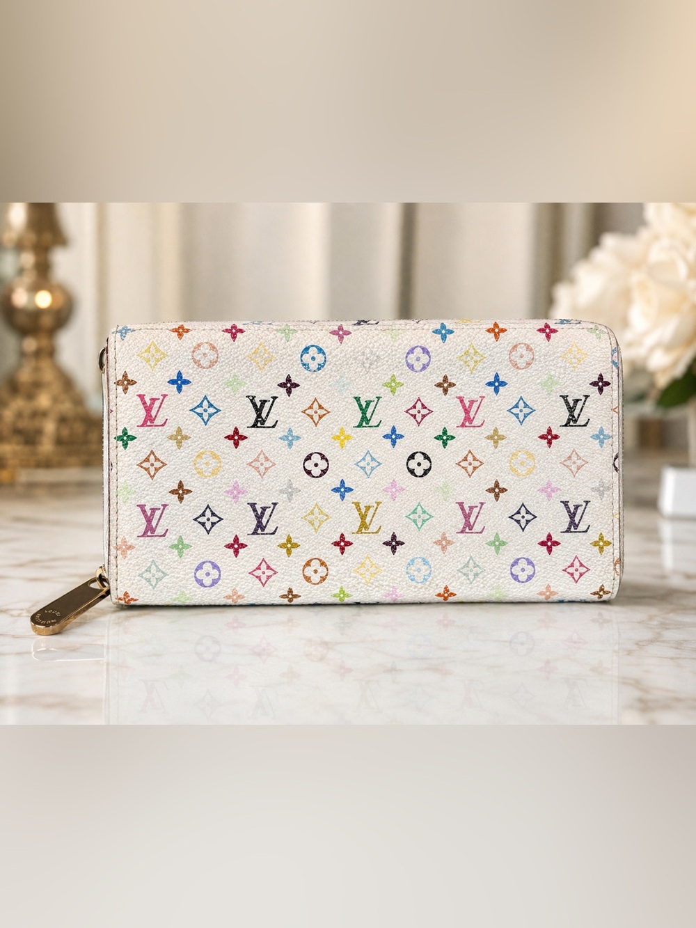 Louis Vuitton x Takashi Murakami White Multicolore Zippy Wallet COA